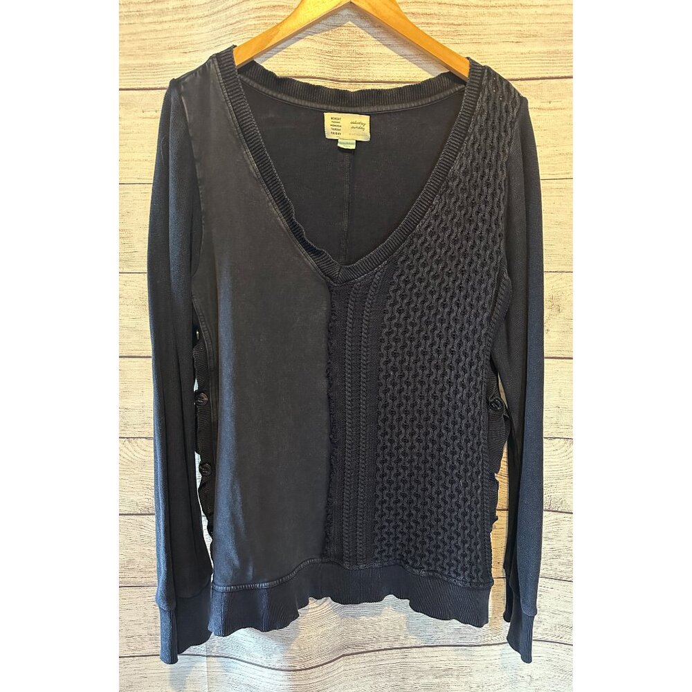 Anthropologie Saturday Sunday Arcana Navy Blue Side Button Sweater Cableknit L - Picture 5 of 12
